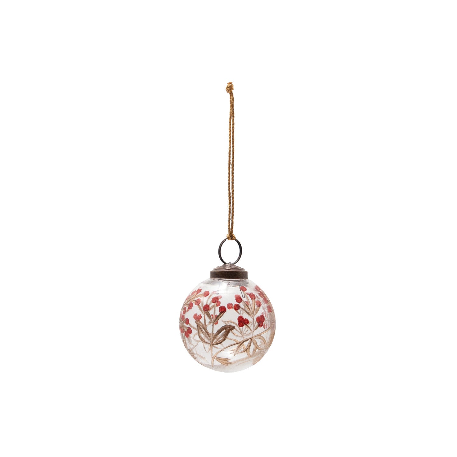 Hand-Painted Etched Glass Ball Ornament with Berry Design
