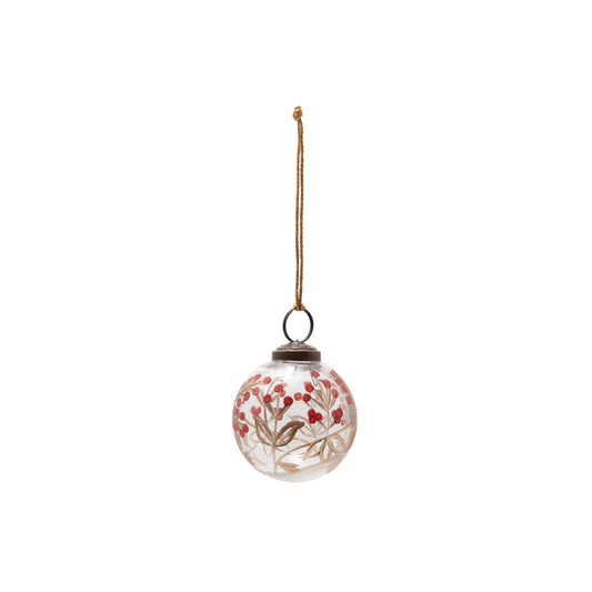 Hand-Painted Etched Glass Ball Ornament with Berry Design