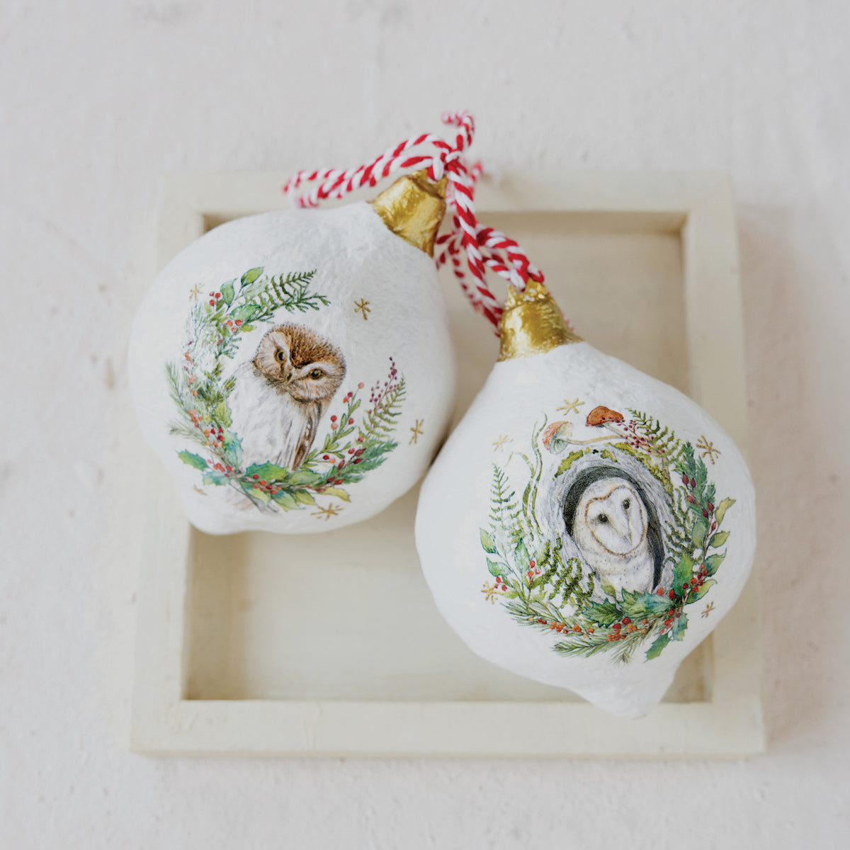 Metal & Paper Mache Ornament with Owl & Seasonal Botanicals, 2 Styles