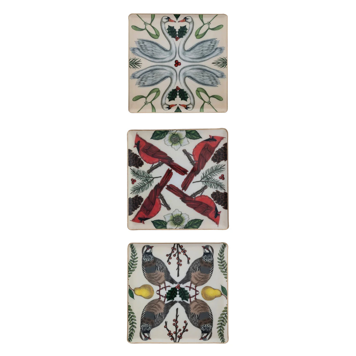 Enameled Metal Trays with Seasonal Botanicals, Birds & Gold Edges, 3 styles