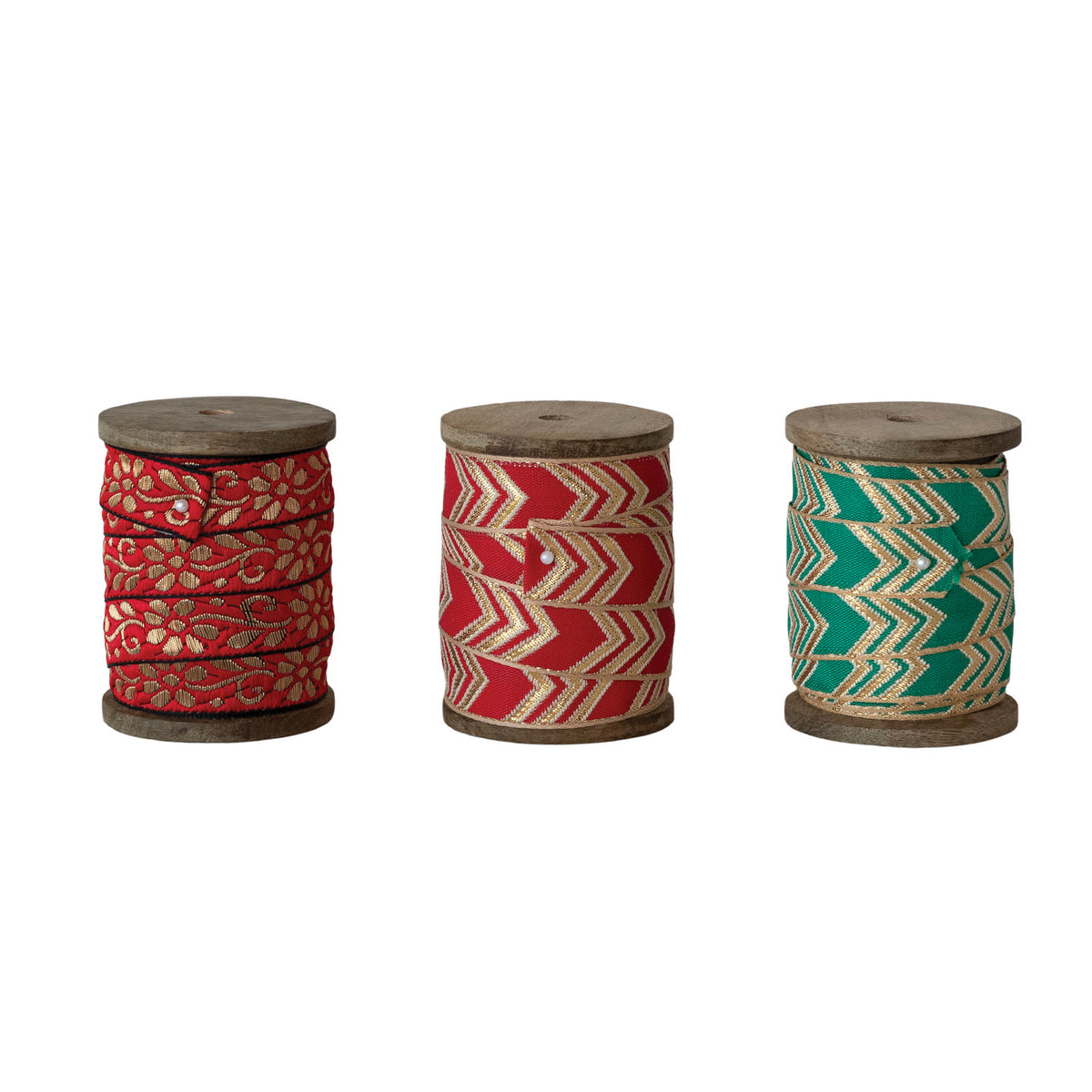 5 Yard 3/4"W Fabric Ribbon with Jacquard Pattern on Wood Spool, 3 Styles