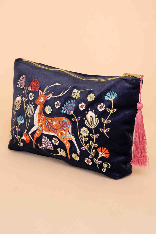 Powder Design inc - Velvet Embroidered Zip Pouch - Folk Art Deer, Slate