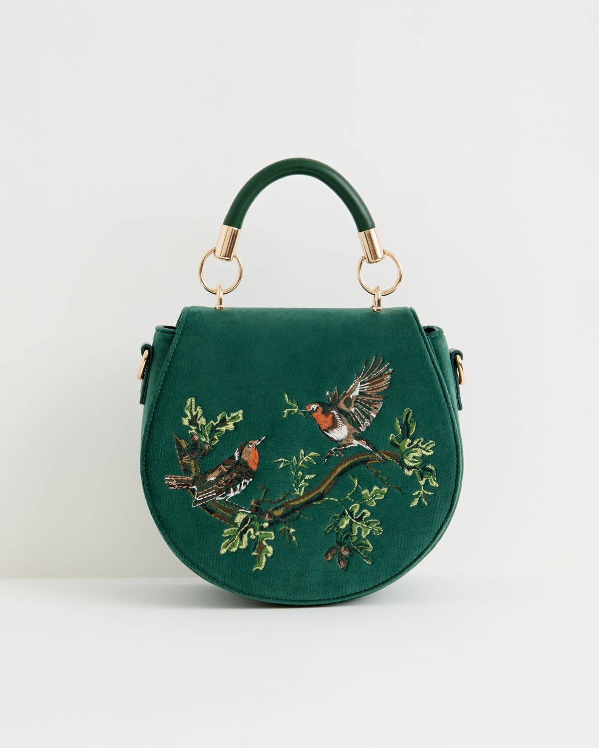 Fable England - Robin Love Fern Green Velvet Embroidered Saddle Bag