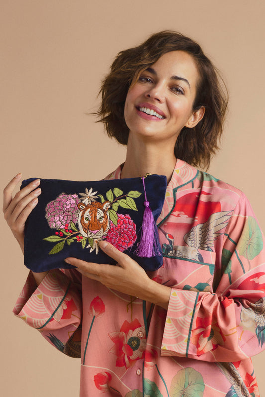 Powder Design inc - Velvet Zip Pouch - Floral Tiger Face in Indigo