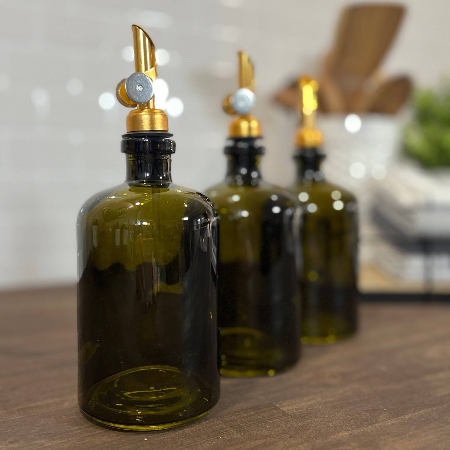 The Bottle Shoppe - 16 oz Apothecary Vintage Green Glass Bottle with Pour Spout: Gold Rubber