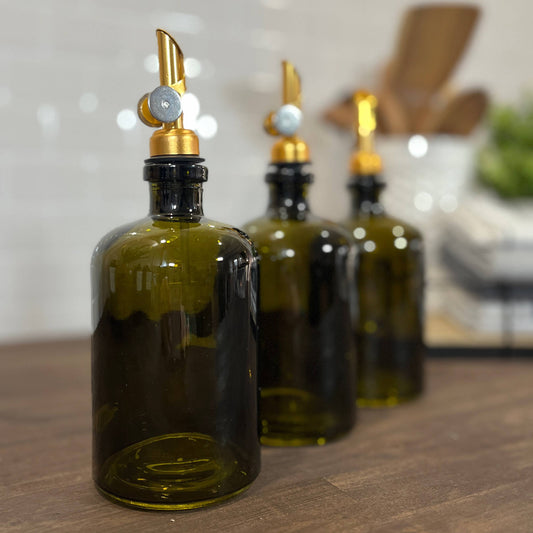 The Bottle Shoppe - 16 oz Apothecary Vintage Green Glass Bottle with Pour Spout: Gold Rubber