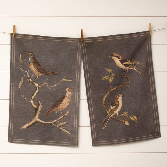 Gray Vintage Birds ￼Tea Towels