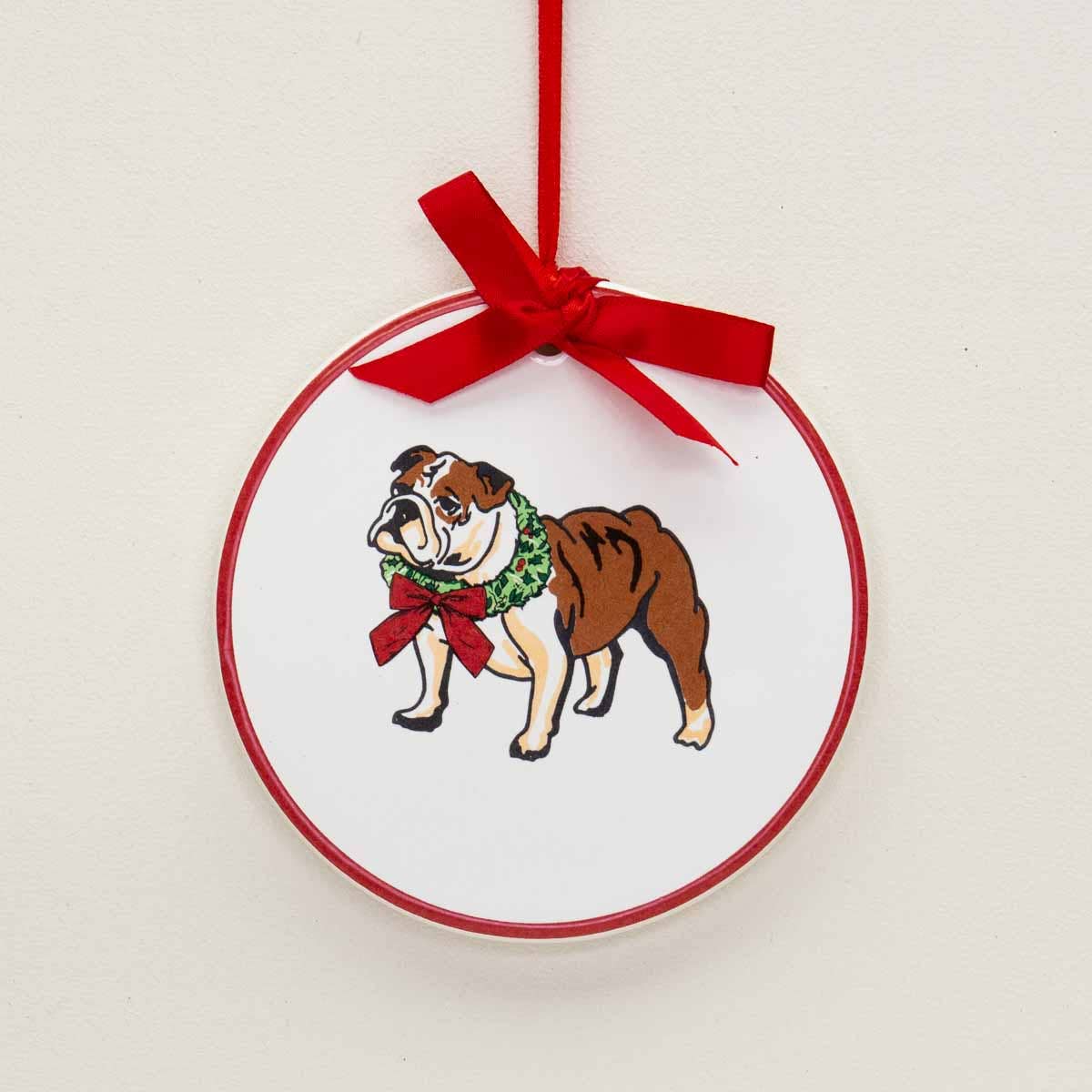 Bulldog Wreath Ornament   White/Multi   4"