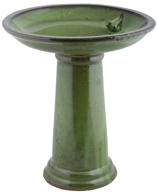 Esschert Design USA - Bird Bath on Pedestal w/Bird, Ceramic, Green