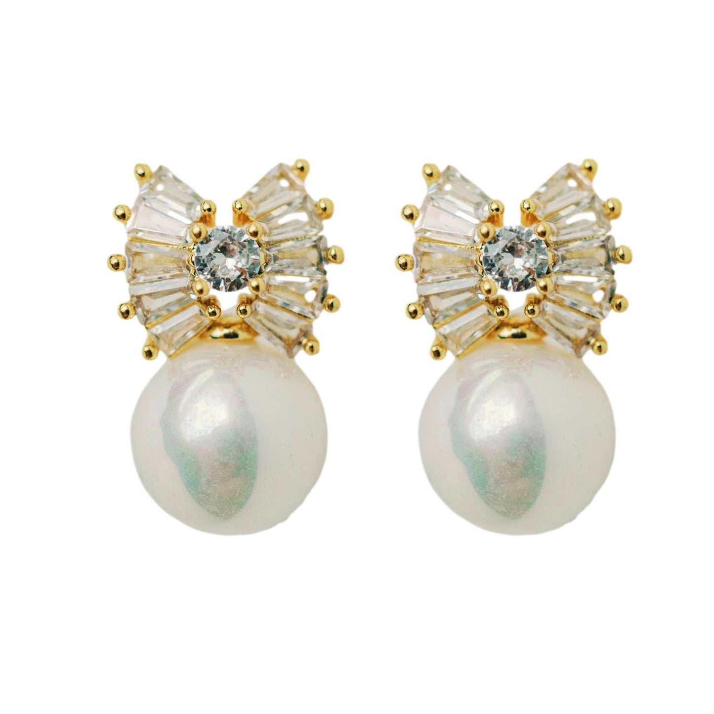 St Armands Designs of Sarasota - Gold Pearl Sparkler Statement Bow Earrings