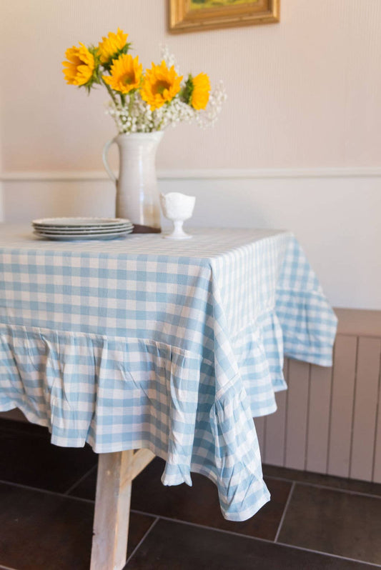 Galley and Fen - Blue Ruffled Gingham Tablecloth: 60" x 120"