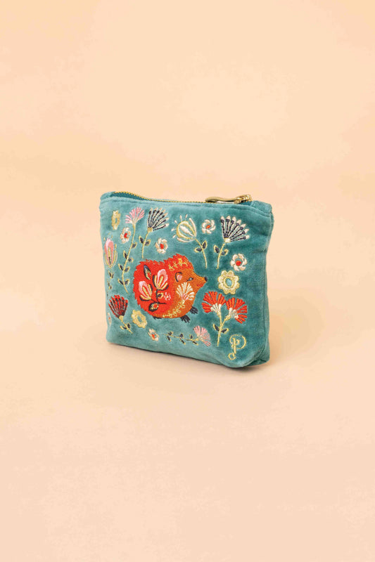 Powder Design inc - Velvet Embroidered Mini Pouch - Folk Art Hedgehog, Aqua