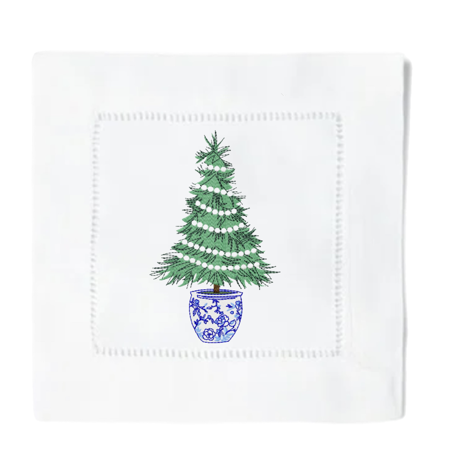 Set of 4 Chinoiserie Christmas Tree Cocktail Napkins