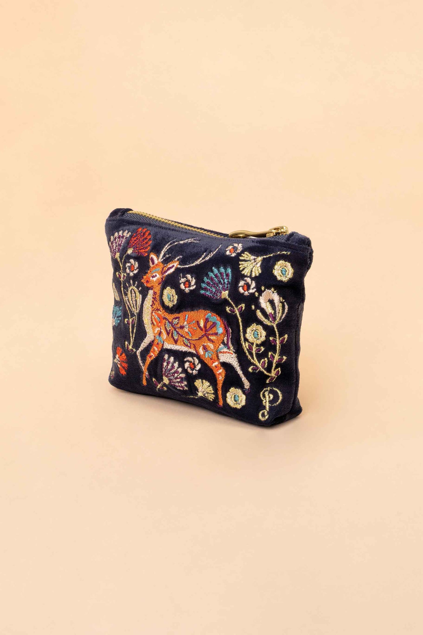 Powder Design inc - Velvet Embroidered Mini Pouch - Folk Art Deer, Slate